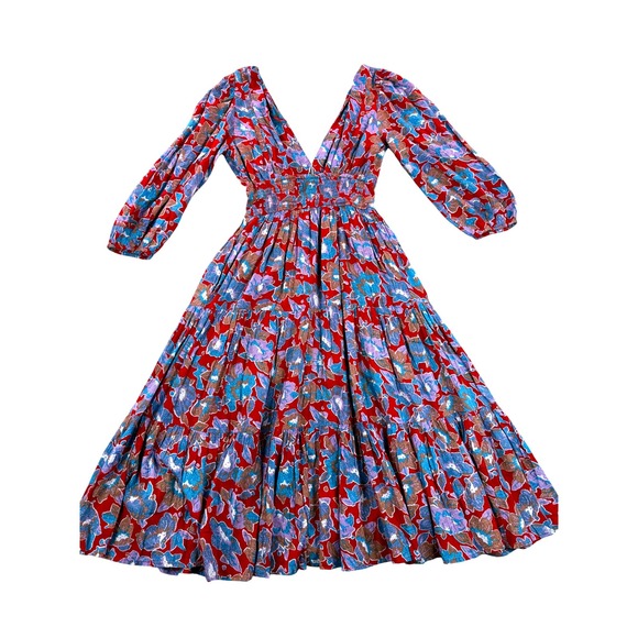 NWT Caroline Constas Dress XS Frenchie Print Floral Long Sleeve Maxi Boho Tiered - Picture 2 of 13